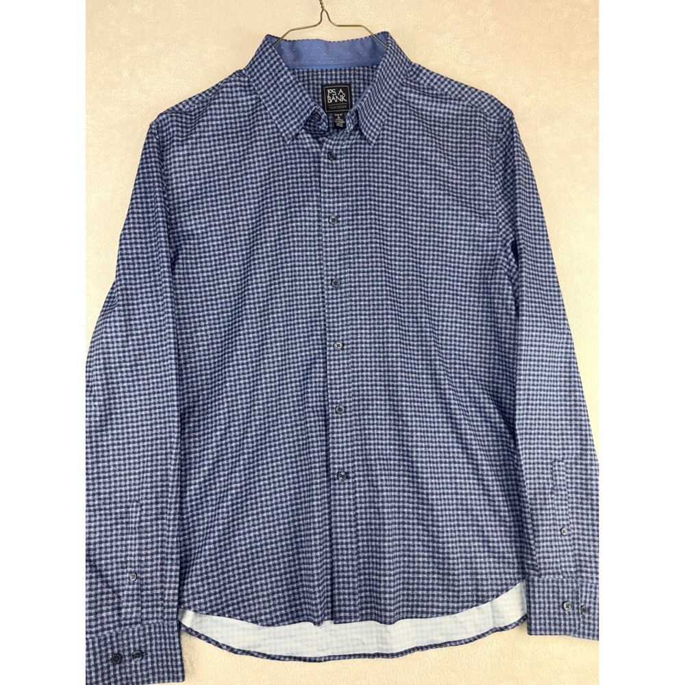 Jos A Bank Traveler Slim Fit Shirt XL Blue Navy Micro Check Stretch Long Sleeve